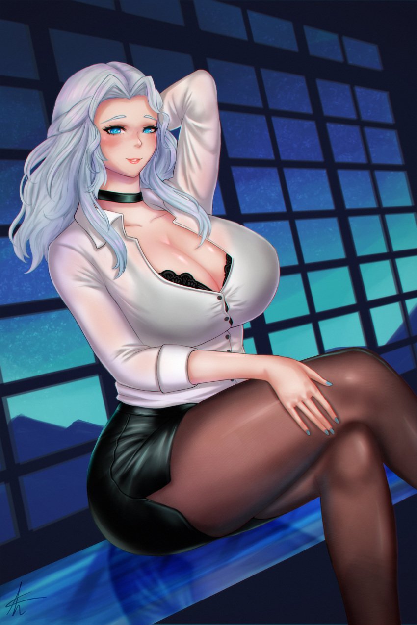 big_breasts black_skirt blue_eyes crossed_legs female female_only final_fantasy_xiv fishsaucekaiser hydaelyn office_lady pantyhose skirt translucent_clothing venat_(ffxiv) white_hair