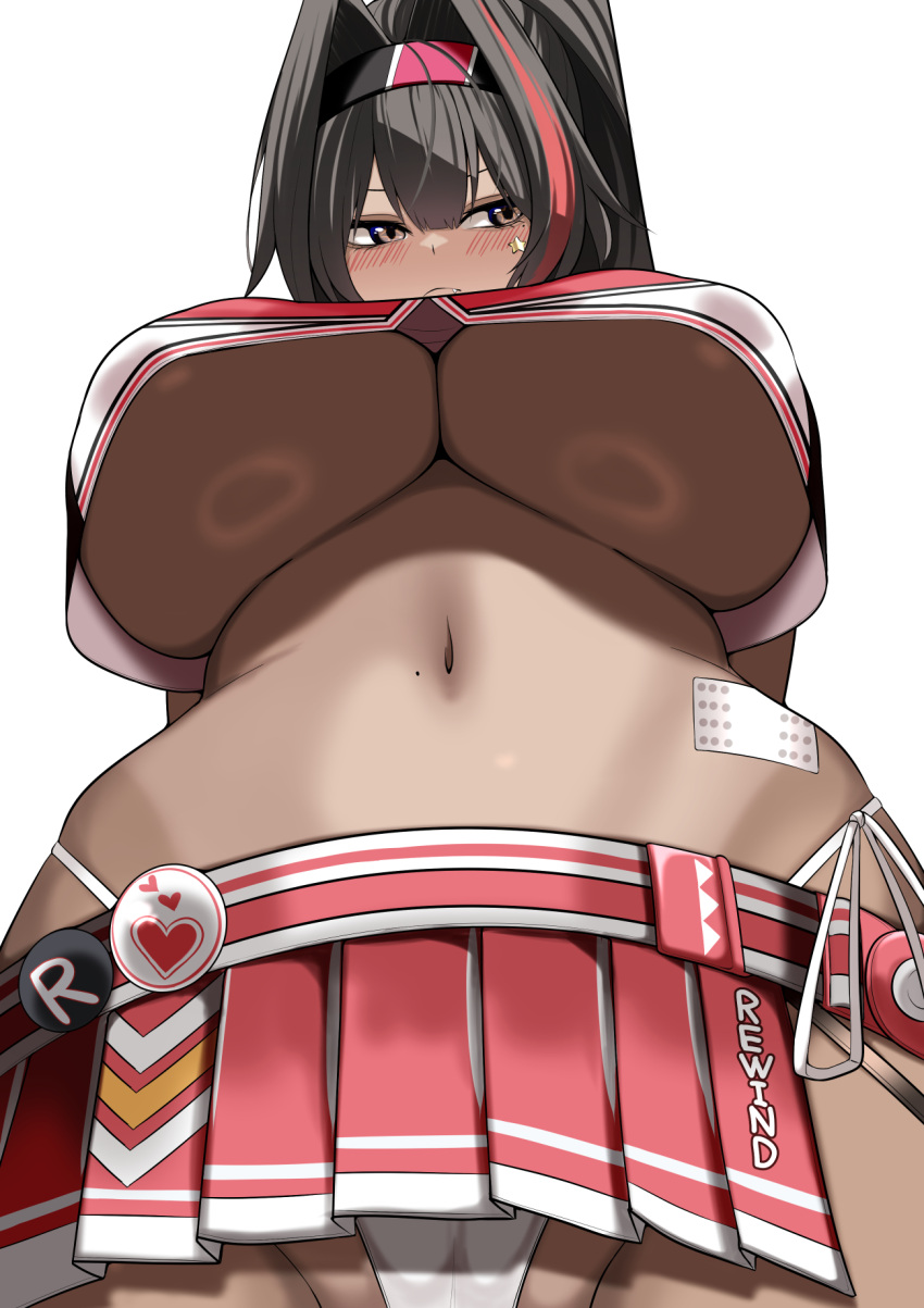 bandaid_on_stomach bay_(nikke) blush breasts cheerleader crop_top cute_fang dark-skinned_female dark_skin female from_below goddess_of_victory:_nikke grey_eyes hair_between_eyes hair_intakes highleg highleg_panties highres huge_breasts kurorettsu long_hair looking_to_the_side mole mole_on_stomach mole_under_eye multicolored_hair navel panties ponytail red_hair side-tie_panties simple_background solo star_sticker sticker_on_face stomach streaked_hair two-tone_skirt two-tone_tank_top underboob underwear viewed_from_below white_background white_panties