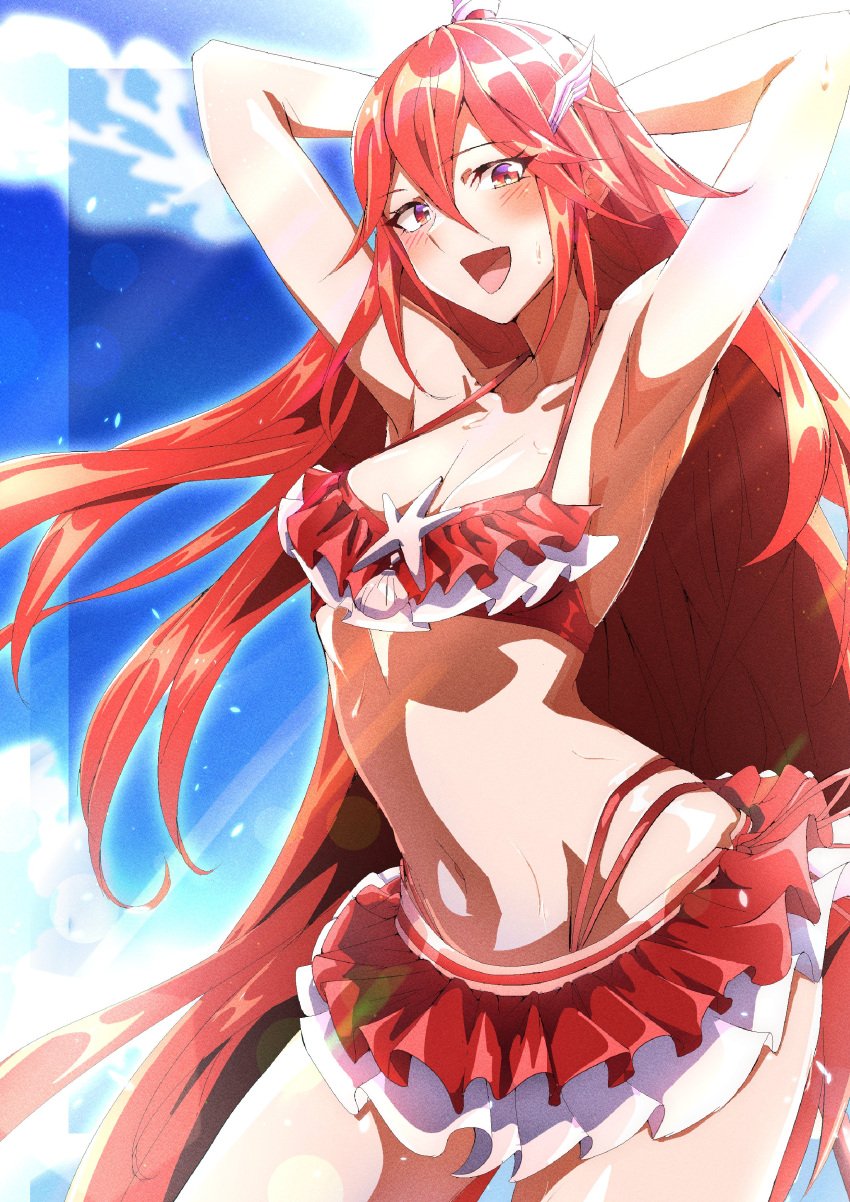 1girls absurdres alternate_costume armpits arms_behind_back arms_up bare_shoulders bikini bikini_skirt blue_sky blush breasts cloud cordelia_(fire_emblem) cordelia_(summer)_(fire_emblem) cowboy_shot day female female female_only fire_emblem fire_emblem_awakening fire_emblem_heroes frilled_bikini frills hair_between_eyes hair_ornament halterneck highres long_hair looking_at_viewer medium_breasts navel nintendo official_alternate_costume open_mouth outdoors presenting_armpit red_bikini red_eyes red_hair sky smile solo standing stomach sweat swimsuit to_(tototo_tk) very_long_hair wing_hair_ornament