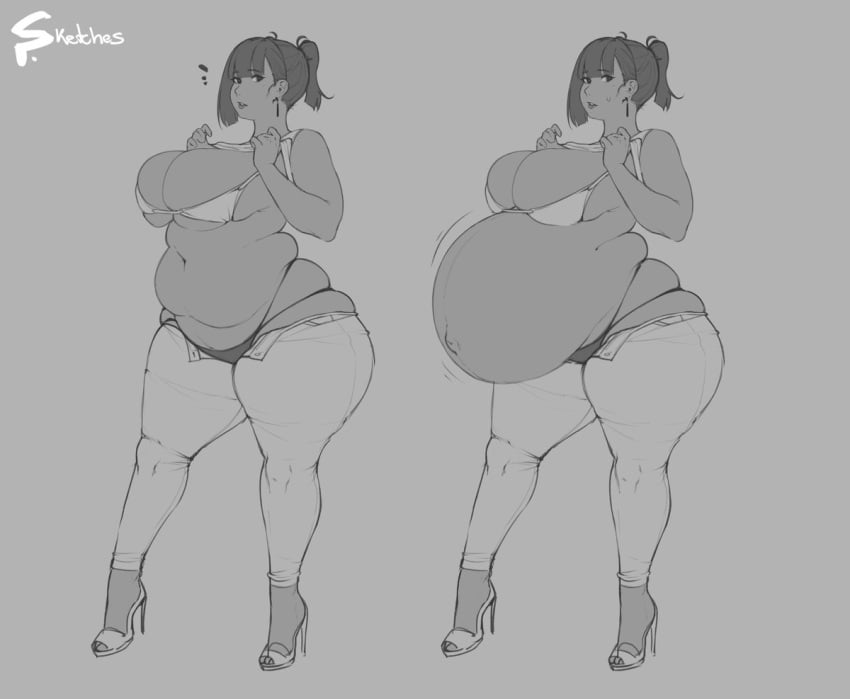 1girls big_belly big_breasts bloated_belly chubby clothed clothing earrings fat fat_ass female female_only heels high_heels love_handles monochrome muffin_top navel outie_navel panties plump pregnant spellsx thick_thighs unbuttoned unbuttoned_pants wardrobe_malfunction