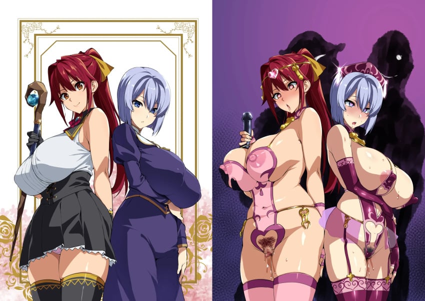2girls arika_(bakunyuu_party) bakunyuu_party before_and_after big_breasts blue_eyes blue_hair blush breasts brown_eyes censored cheating cheating_girlfriend collar faceless_male female female_pubic_hair functionally_nude_female heart-shaped_pupils mind_break netorare nipples ntr nun pussy_juice_drip red_hair rietta_(bakunyuu_party) slut slutty_nun slutty_outfit sweat takeda_hiromitsu wet_pussy younger_female