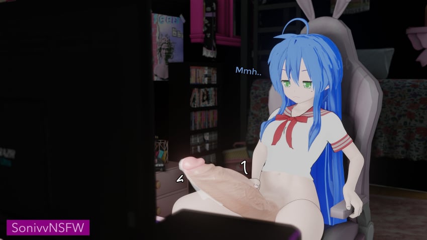 1futa 3d blue_hair computer_monitor futanari gaming_chair green_eyes huge_cock konata_izumi leaking_precum lucky_star masturbation precum shelf small_but_hung solo sonivvnsfw stroking_penis watermark