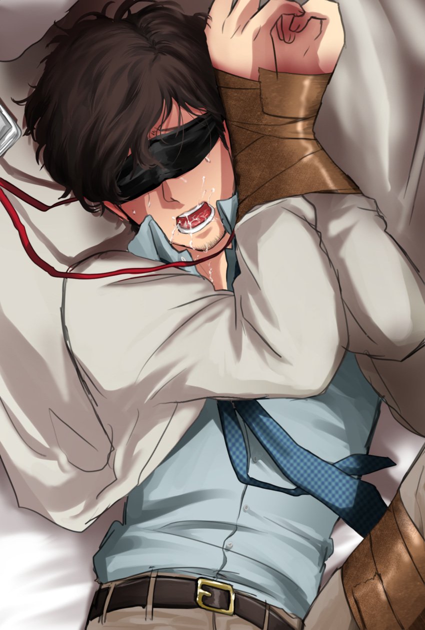 1boy anarogiizu blushing cloth_blindfold coat dilf drool drooling id_card id_strap imminent_sex male_only maruki_takuto nervous nervous_male no_visible_genitalia open_mouth persona_5 questionable_consent researcher scientist skinny solo_male sweating tagme taped_arms taped_legs