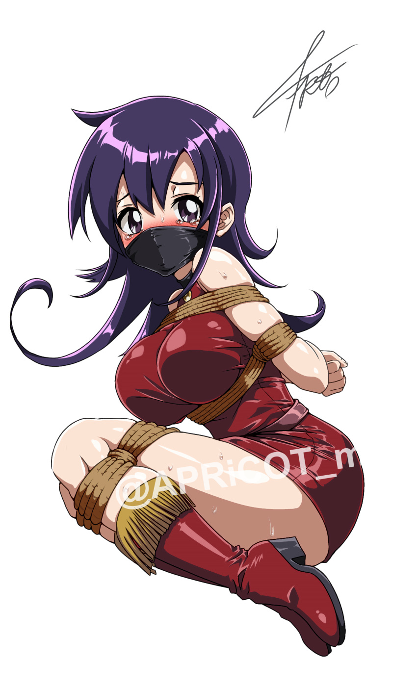 apricot_(artist) artist_signature big_breasts bondage cloth_gag crying crying_with_eyes_open duel_masters gagged kidnapped purple_hair solo solo_female tagme tasogare_mimi tied_arms tied_up watermark