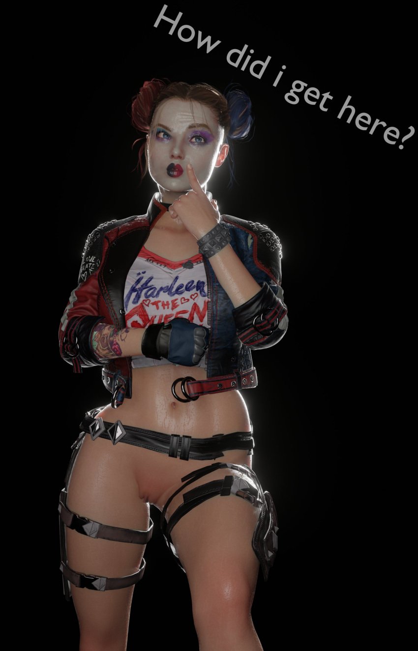 3d batman_(series) dc dc_comics doomfella female female_focus female_only harley_quinn harley_quinn_(arkham) harley_quinn_(suicide_squad_game) looking_up no_panties pussy solo suicide_squad suicide_squad:_kill_the_justice_league text thinking