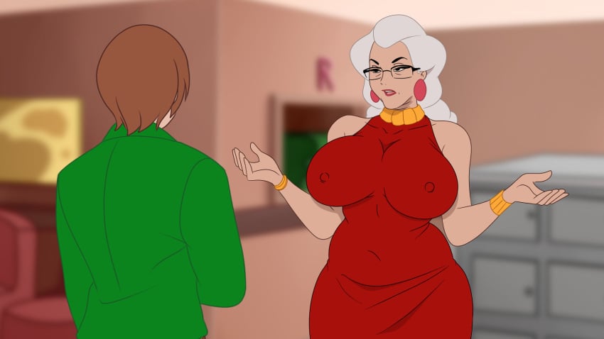 bbw big_ass big_breasts big_nipples discreenvision game_cg glasses grey_hair heels huge_breasts inusen lipstick milf milf_boom older_female red_dress