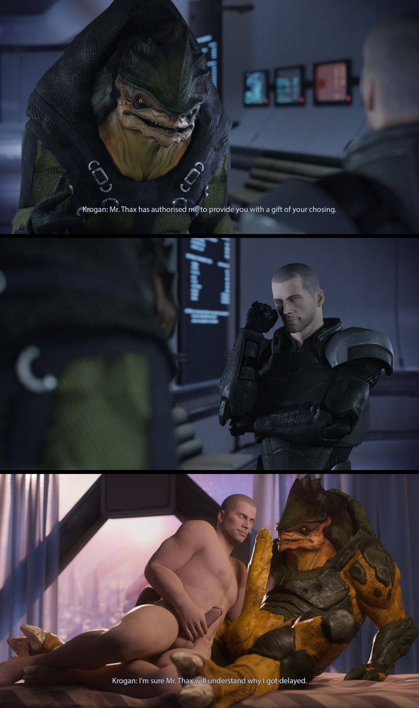 2024 3_fingers 3_panel_comic 3d_(artwork) 4_balls absurd_res alien armor balls bed bed_sheet bedding bedroom_eyes bioware blender_(artwork) blinds clothed clothing commander_shepard digital_media_(artwork) duo electronic_arts english_text eye_contact fingers furniture gay genitals green_body hi_res human humanoid_genitalia humanoid_penis krogan long_penis looking_at_another male male/male mammal mass_effect masturbation multi_balls multi_genitalia multicolored_body muscular muscular_male narrowed_eyes nipples nude on_bed penis penis_size_difference rooking scalie seductive text two_tone_body vein veiny_penis window yellow_body yellow_eyes