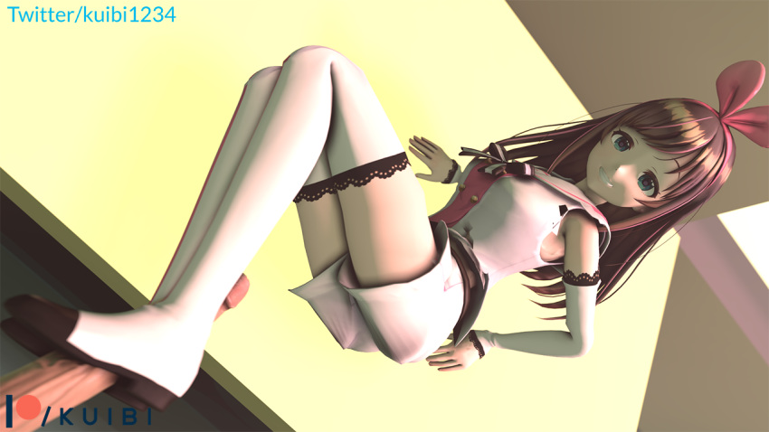 1boy 1girls 3d arm_gloves armwear big_penis bootjob boots bowtie brown_hair brunette cyan_eyes female foot_fetish footjob headwear heels hotpants kizuna_ai kuibi looking_at_viewer lying_on_side overknees patreon pov shoejob shoes smile source_filmmaker stockings url virtual_youtuber watermark