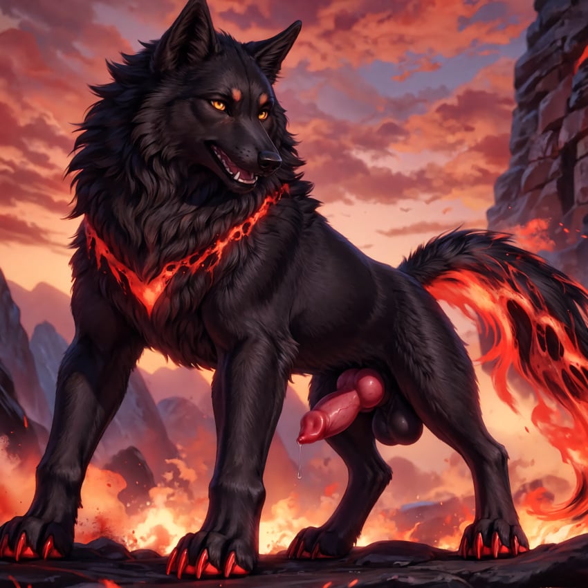 absurd_res ai_generated animal_genitalia animal_penis black_body black_fur black_nose bodily_fluids canid canine canine_genitalia canine_penis canis claws demon feral feral_only fire flaming_tail fur genital_fluids genitals hi_res knot lava leaking_precum male male_only mammal mountains penis precum red_claws solo thunderwolf volcano wolf yellow_eyes