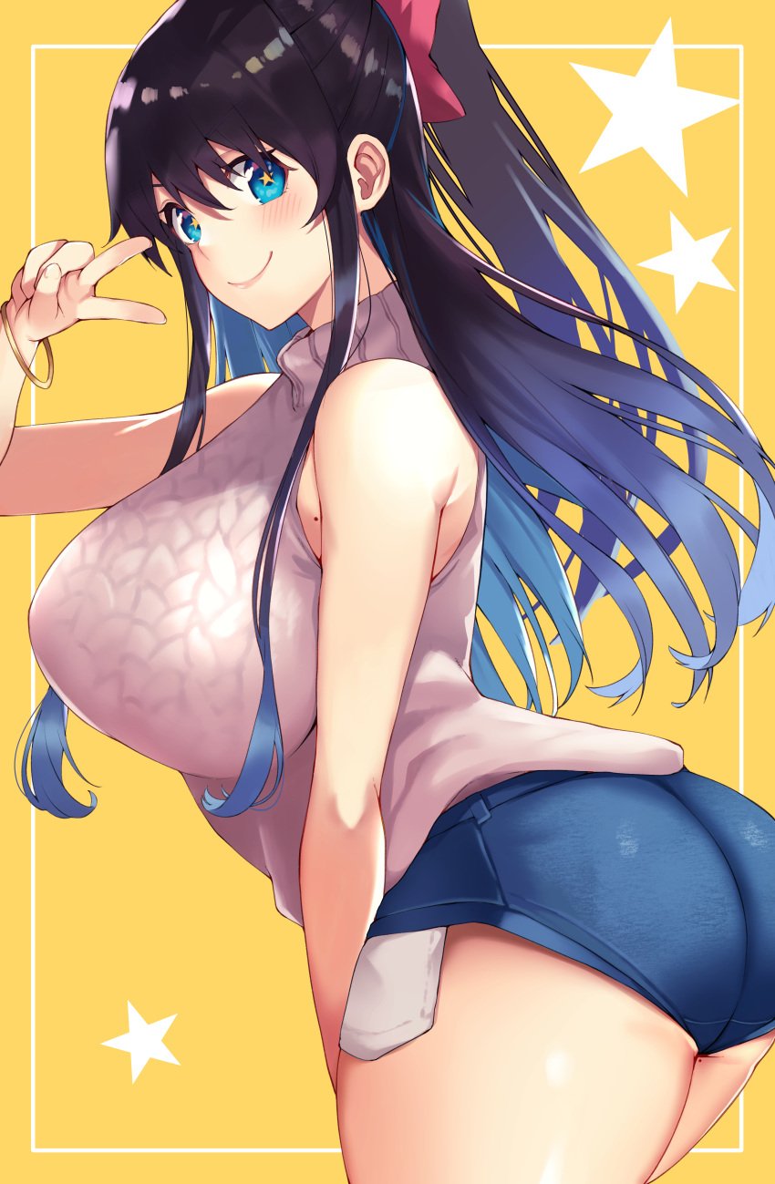 1girls absurd_res arm_between_legs ass bare_shoulders big_breasts blue_eyes blue_shorts blush bow breasts closed_mouth cowboy_shot curvy facing_away gluteal_fold hair_between_eyes hairbow hand_up hi_res leaning_forward leaning_to_the_side long_hair looking_at_viewer looking_to_the_side mole mole_on_breast mole_on_thigh original pink_bow ponytail short_shorts shorts sidelocks simple_background sleeveless sleeveless_turtleneck smile solo star-shaped_pupils star_(symbol) sweater symbol-shaped_pupils thick_thighs thighs turtleneck turtleneck_sweater twisted_torso udon_(udonalium) white_sweater yellow_background