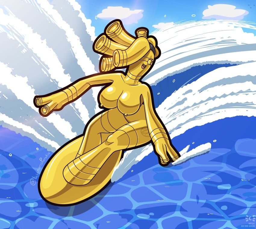 2023 absurd_res accessory action_pose action_scene aubrey_(latiar) black_hairband blush breasts cloud digital_media_(artwork) female generation_9_pokemon gholdengo glistening glistening_body gold_body gold_nipples hair hair_accessory hair_over_eye hairband hairband_only hi_res humanoid leaning leaning_forward looking_away lunaris_parukia markings metal_creature metallic_body navel nintendo nipples no_areola no_humans nude one_eye_obstructed outside pokemon pokemon_(species) pokemorph pose sea sky solo sport surfboard surfing water wave