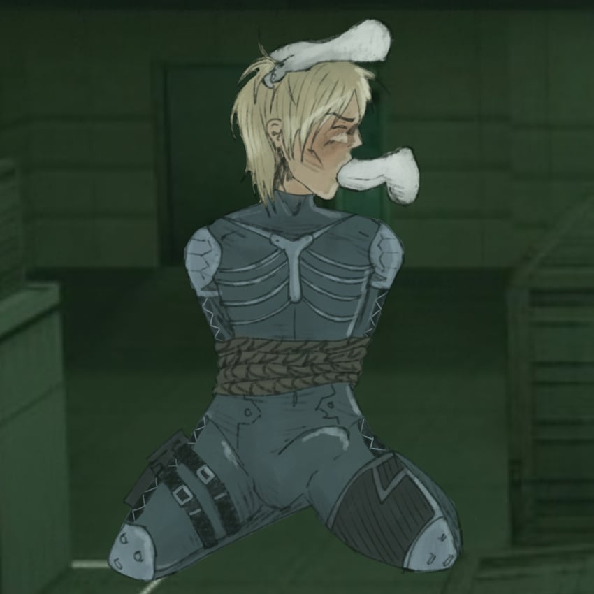 arms_behind_back blush bondage clothed deep_penetration deepthroat disembodied_hand disembodied_penis erection erection_under_clothes erection_under_clothing fully_clothed gay grabbing_hair hard_on hard_penis male male_only metal_gear metal_gear_solid on_knees pulling_hair raiden_(metal_gear) rope_bondage sitting skinny sucking sucking_penis tied_arms tied_up twink