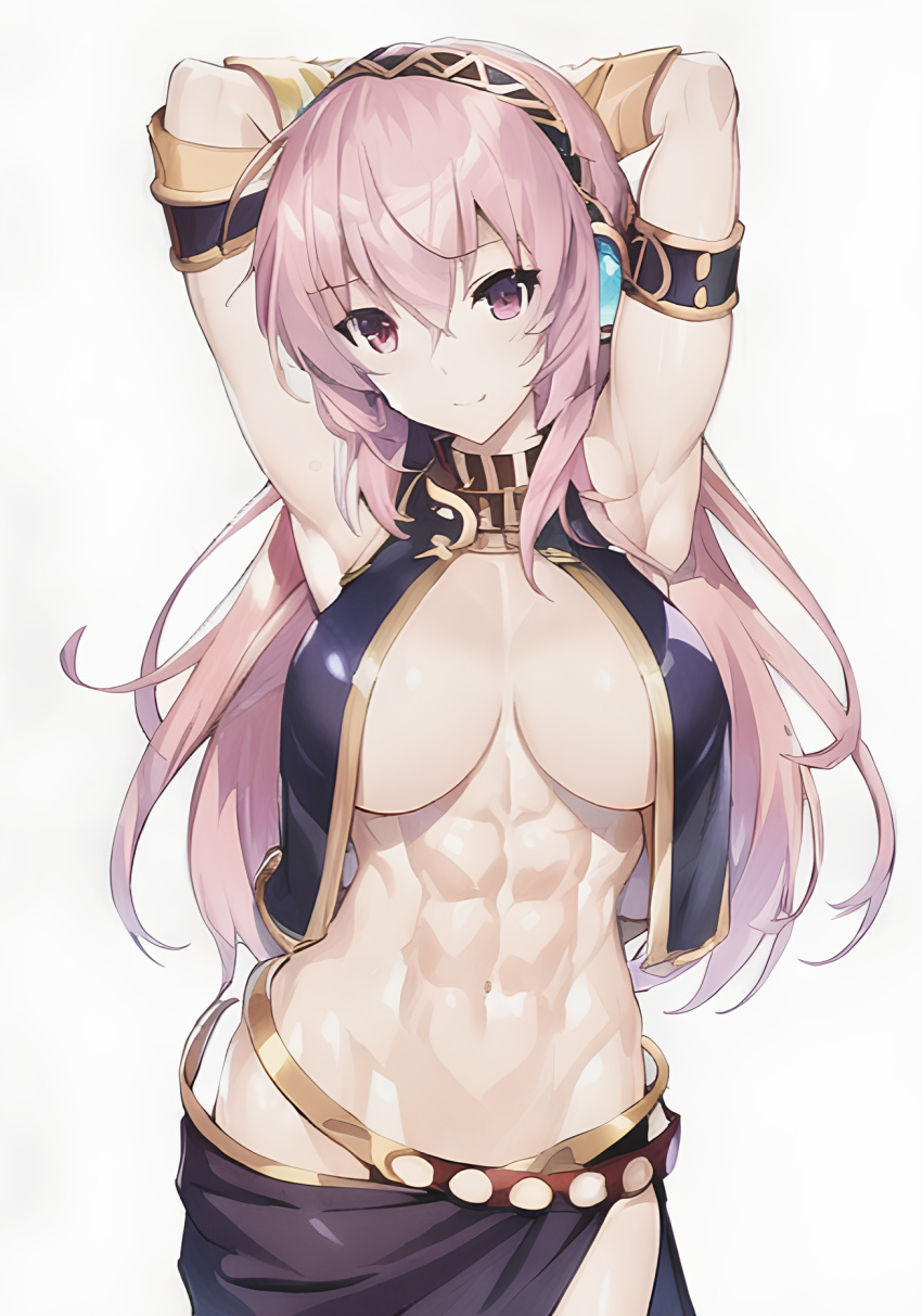 abs ai_generated arms_behind_head arms_up megurine_luka midriff navel no_bra open_clothes pink_hair revealing_clothes vocaloid