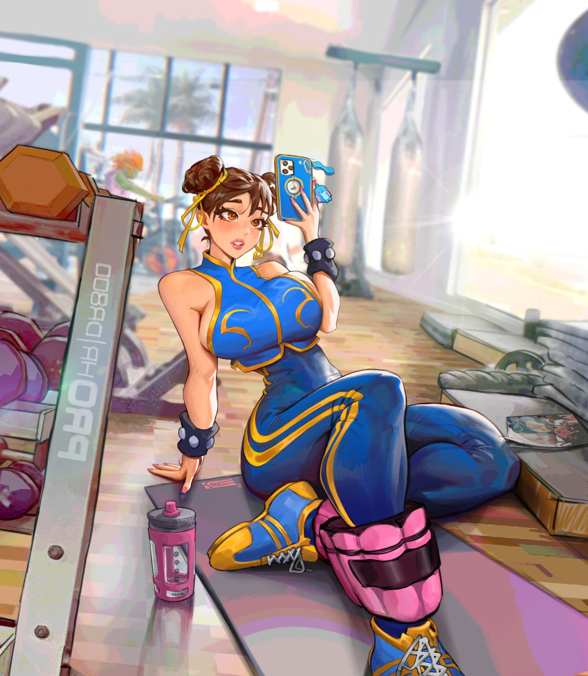 1girls asian asian_female athletic_female capcom chinese_clothes chun-li double_bun female female_only fully_clothed gym large_breasts mirror_selfie purpleisaprose selfie sideboob sitting solo street_fighter street_fighter_6 tagme weights working_out