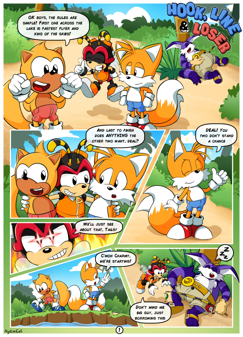 alystaircat big_the_cat charmy_bee classic_tails comic comic_page cub dialogue english_text page_1 page_number ray_the_flying_squirrel sonic_(series) sonic_mania tails tails_the_fox young younger_male