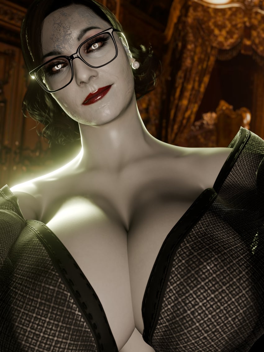 3d alcina_dimitrescu black_hair bright_pupils giant_breasts glasses gray_skin lipstick long_eyelashes looking_at_viewer manufatura red_lipstick resident_evil resident_evil_8:_village self_upload selfie short_hair tagme