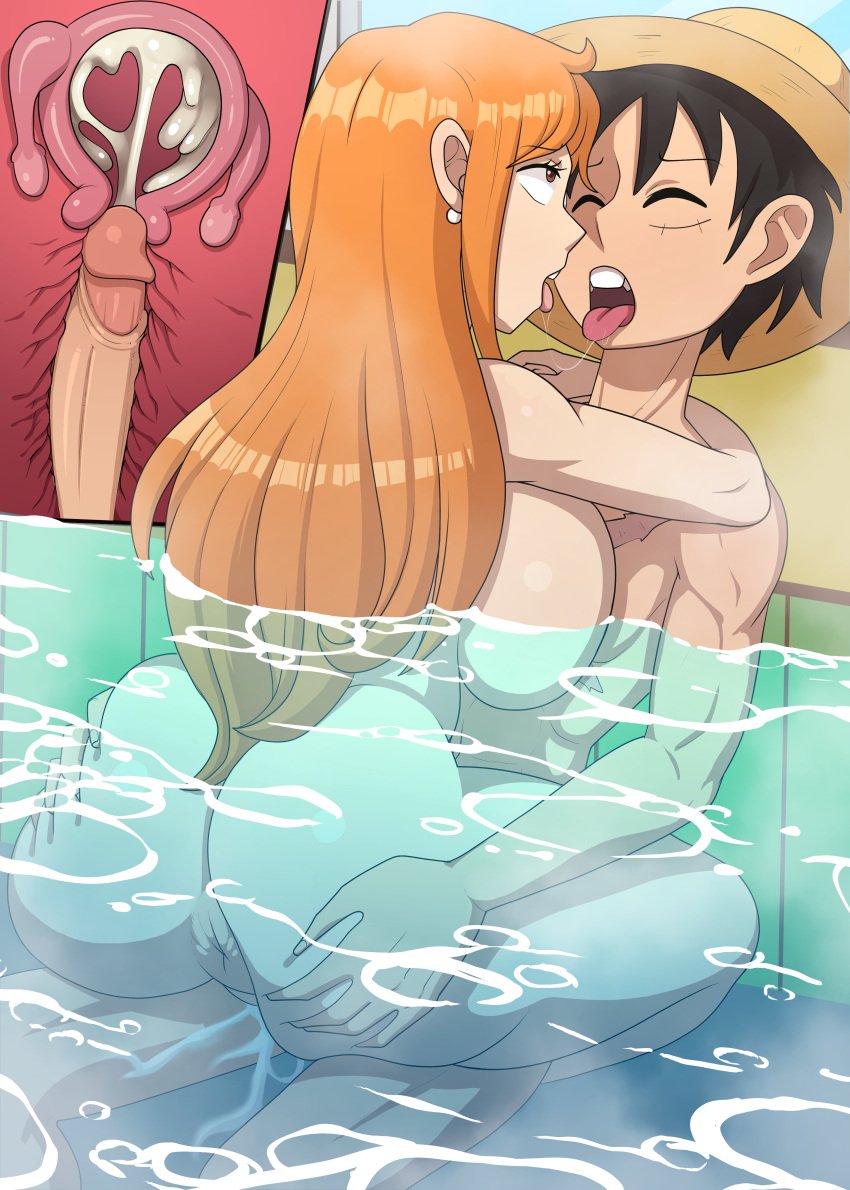 1boy 1girls after_kiss anus ass ass_grab bath bathing big_ass black_hair breasts breasts_against_chest cum cum_in_pussy cum_in_uterus cum_in_water cum_inside curvy dat_ass embrace eyes_rolling_back fallopian_tubes female kissing long_hair male monkey_d_luffy muscular muscular_male nami nude nude_female nude_male one_piece orange_hair penetration penis post-timeskip saliva_trail scar short_hair spiralart steam straight tongue tongue_out x-ray