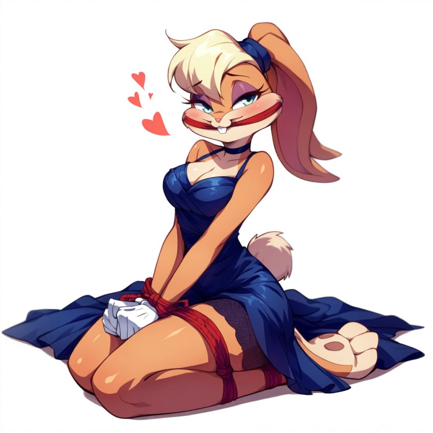 ai_generated blackjackmacbastard blonde_hair blue_dress blue_eyes blush bondage bound_ankles bound_legs bound_wrists cleave_gag gag gagged gloves lola_bunny looking_at_viewer looney_tunes smile