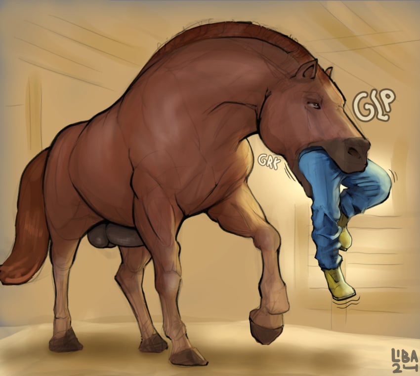 2024 ambiguous_gender animal_genitalia animal_penis balls barn body_in_mouth boots bottomwear brown_body brown_fur brown_hair cj_(libahuntv) clothed clothing colored denim denim_bottomwear denim_clothing detailed digital_drawing_(artwork) digital_media_(artwork) draft_horse duo eating equid equine equine_genitalia equine_penis erection farm farmer feral feral_pred footwear forced fully_clothed fur genitals guide_lines hair hooves horse horse_pred human human_prey inside interspecies jeans larger_feral larger_male larger_pred libahuntv low-angle_view male male/ambiguous male_only mammal mane muscular muscular_feral muscular_male nude onomatopoeia oral_vore pants partially_inside penis quadruped realistic realistic_feral restrained sequence shaded short_hair simple_background size_difference smaller_human smaller_prey soft_vore sound_effects stable standing struggling struggling_prey swallowing swallowing_sound_effect text three-quarter_view unwilling_prey vore watermark