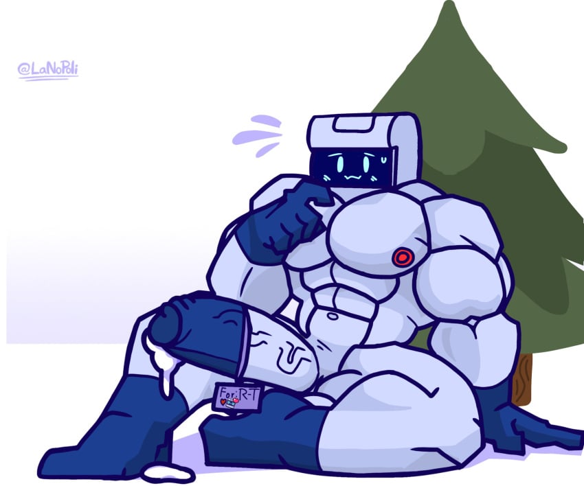 1boy 1robot 1robot_boy 8-bit_(brawl_stars) abs android android_boy bara bara_tiddies bara_tits blue_eyes blush brawl_stars christmas gay gay_male lanopoli large_penis large_penis_veins male male_only r-t_(brawl_stars) robot sitting sitting_down sitting_on_floor solo_male supercell supercell_(company)