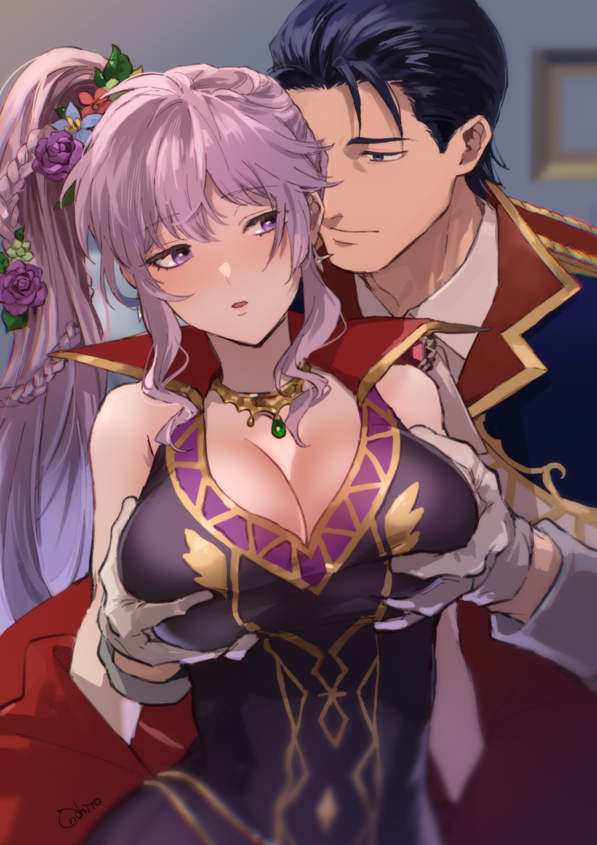 1boy 1girls absurdres alternate_costume blush breast_grab breasts cleavage collarbone commission cosplay couple double_breast_grab female female_focus fire_emblem fire_emblem:_genealogy_of_the_holy_war fire_emblem_heroes flower gloves grabbing grabbing_another's_breast groping hair_flower hair_ornament highres ishtar_(fire_emblem) ishtar_(fire_emblem)_(echoing_thunder) jewelry large_breasts male necklace nintendo official_alternate_costume onohito purple_eyes purple_hair reinhardt_(fire_emblem) reinhardt_(thrud_reborn)_(fire_emblem) solo_focus straight