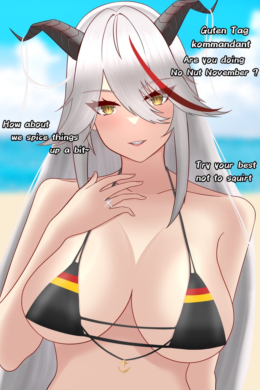 1girls aegir_(azur_lane) azur_lane bikini_top breasts cheating cheating_(relationship) cheating_wife cuckold_pov cuckolding english_text eyebrows_visible_through_hair horns huge_breasts iron_blood_(azur_lane) light-skinned_female light_skin looking_at_cuckold looking_at_viewer no_nut_november prinz_eugen_(unfading_smile)_(azur_lane)_(cosplay) red_hair ring shiratsumi_(shiratsumi69) swimsuit talking_to_cuckold talking_to_viewer text two_tone_hair wedding_ring white_hair yellow_eyes