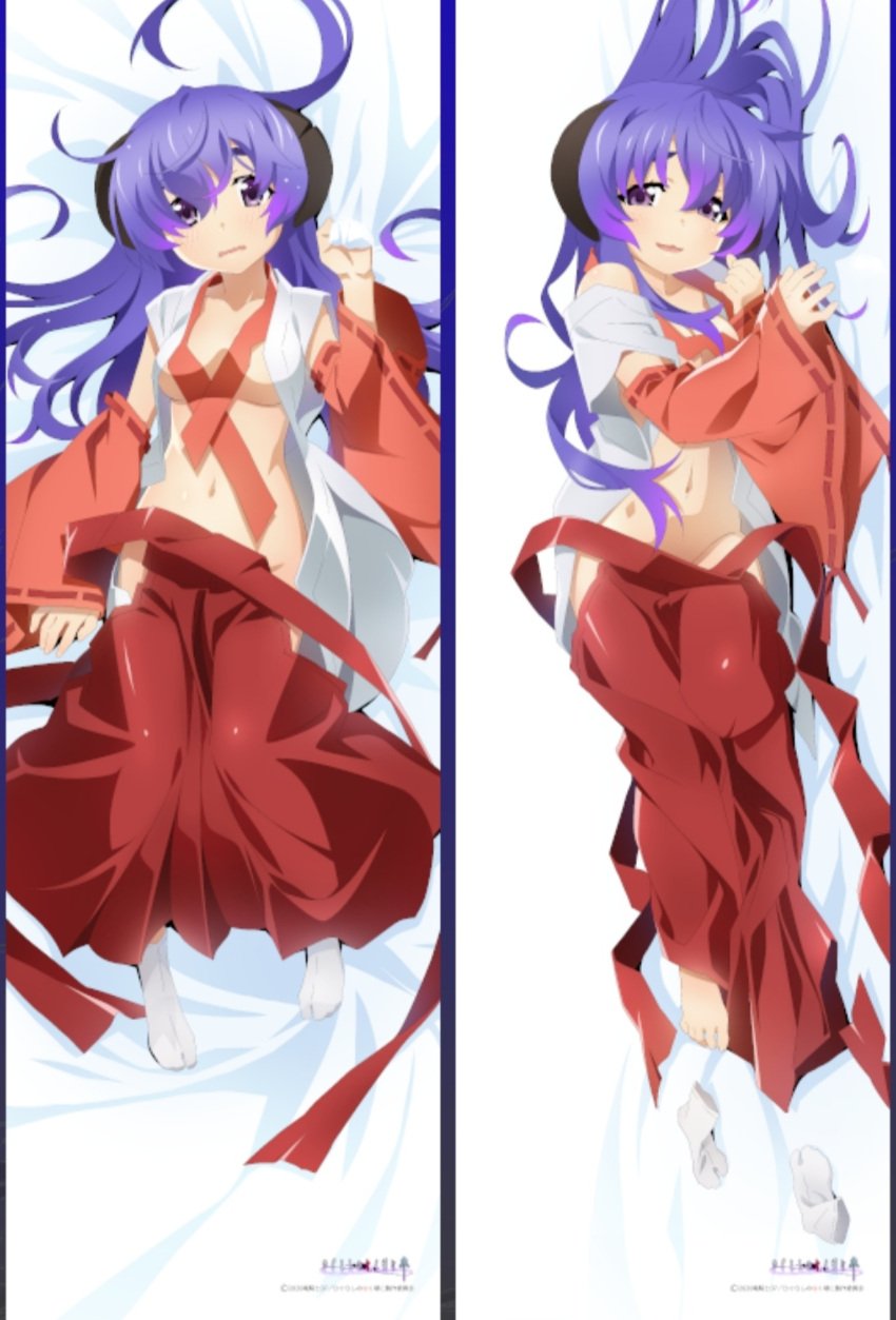 07th_expansion bare_shoulders barefoot belly_button breasts dakimakura dakimakura_design dress_removed embarrassed feet hanyuu higurashi_no_naku_koro_ni long_hair nipples_covered offscreen_character open_mouth priestess purple_eyes purple_hair smile socks socks_removed thighs toes white_socks