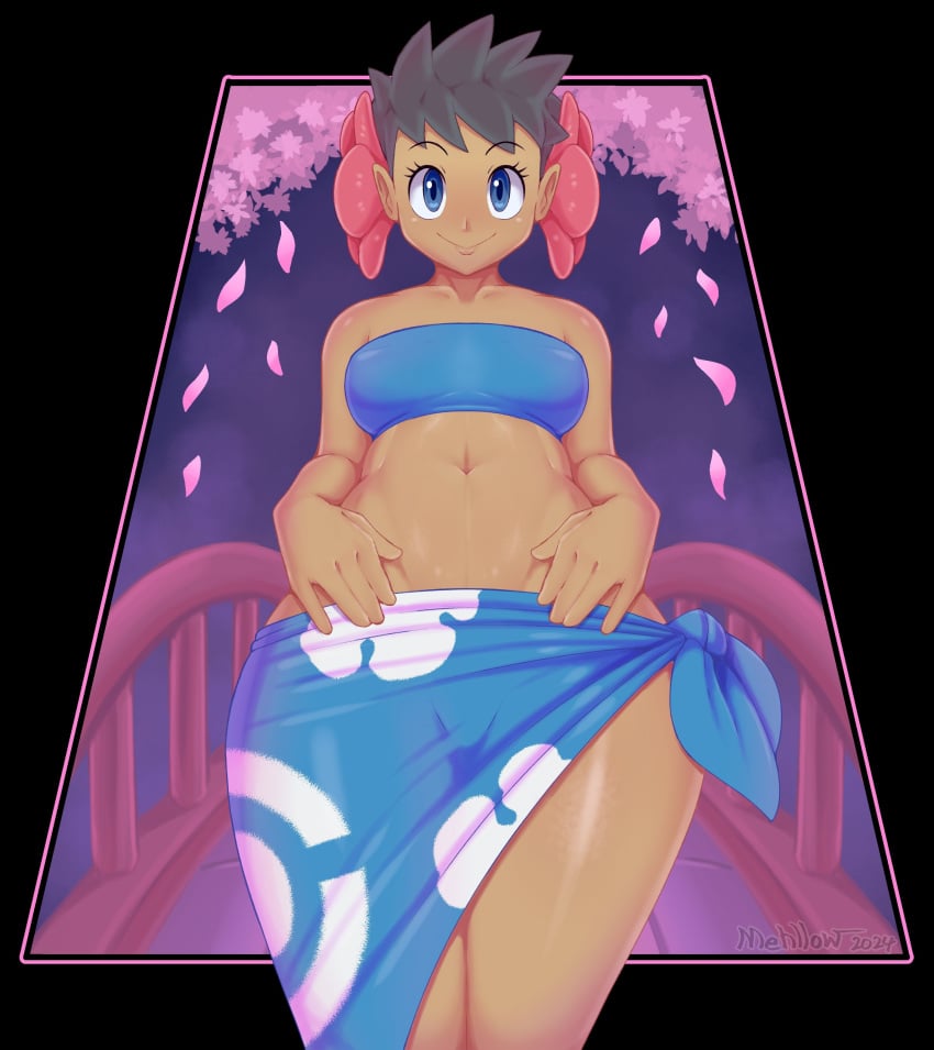 1girls 2d alternate_version_available artist_name belly belly_button black_hair blue_eyes bottomwear breasts_visible_through_clothing female female_only flower flower_in_hair game_freak hair hair_ornament hips looking_at_viewer mehdrawings petals phoebe_(pokemon) pokemon pokemon_oras sarong smile solo thighs topwear tubetop visible_through_clothes watermark