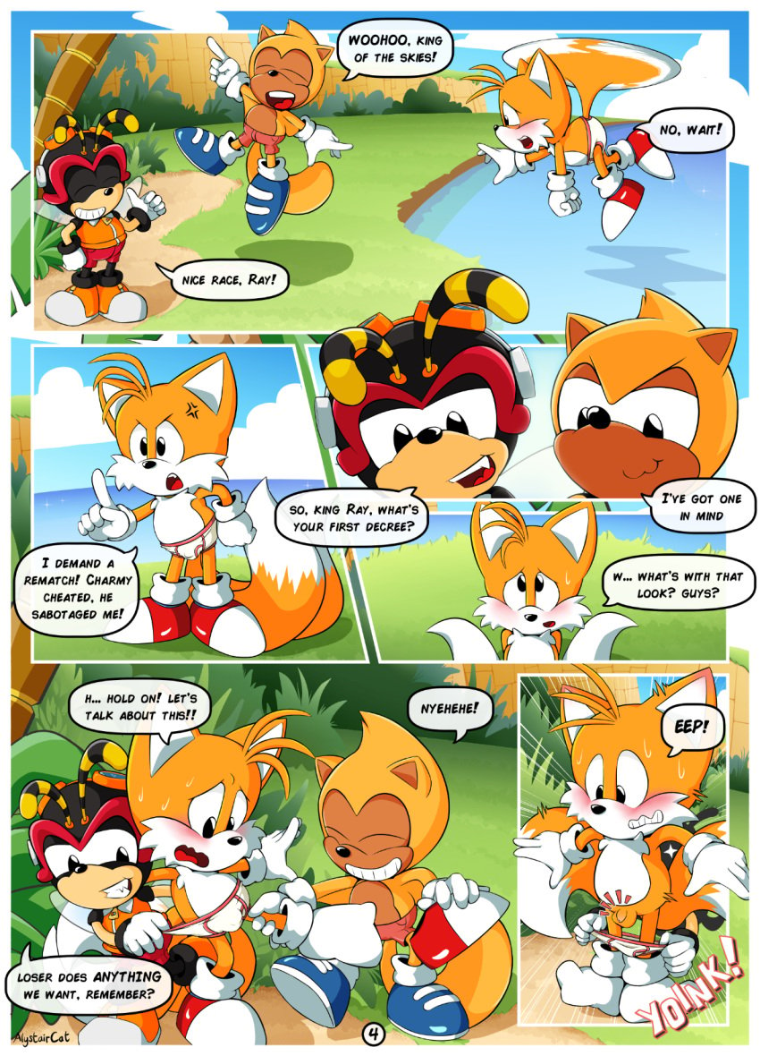 alystaircat charmy_bee classic_tails comic cub english_text page_4 page_number pantsing ray_the_flying_squirrel sexual_assault small_penis sonic_(series) sonic_the_hedgehog_(series) tails tails_the_fox yaoi young younger_male