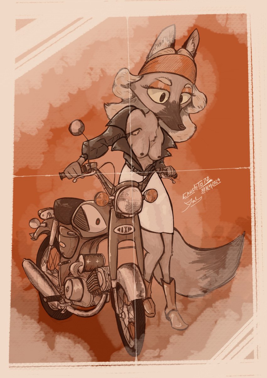 1970s absurd_res boots bottomwear breasts canid canine chuchito72 clothed clothing exposed_breasts female footwear fox furry hair hi_res jacket mammal motorcycle open_clothing open_topwear skirt solo suzuki topwear vehicle