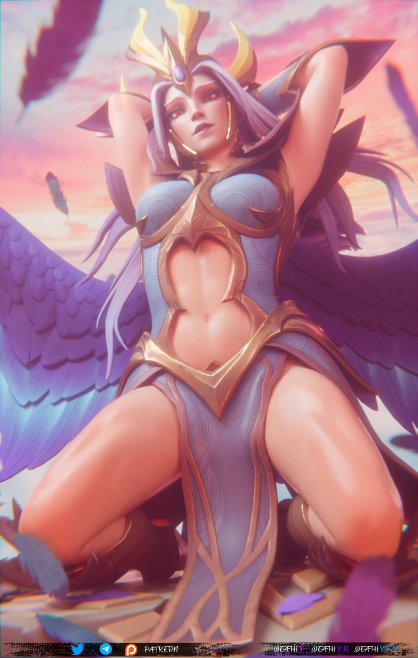 3d armor armored_female armpits arms_behind_head belly blender blender_(software) blender_cycles cloud clouds deathy dota_2 feathered_wings feathers female female_focus female_only looking_at_viewer thighs vengeful_spirit white_hair wings