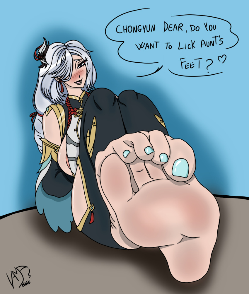 aunt barefoot big_breasts comic embarrassed feet female foot_fetish genshin_impact shenhe_(genshin_impact) smile soles vamp666s white_hair