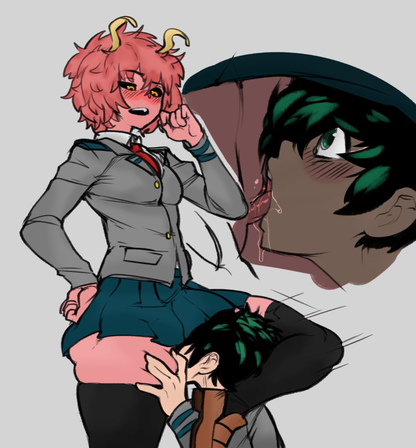 1boy 1boy1girl 1girls alien_girl big_thighs black_legwear black_sclera blush blush_lines blushing boku_no_hero_academia clothed clothing colorized coloured cunnilingus drawn eating_pussy edit eigaka fat_thighs female femdom green_eyes green_hair hand_on_hip hand_on_leg hand_on_thigh huge_thighs interspecies izuku_midoriya kneeling leg_lock legwear licking licking_pussy light-skinned_male light_skin looking_at_partner looking_down looking_pleasured male male/female mina_ashido my_hero_academia no_panties no_underwear open_mouth oral pink_body pink_hair pink_skin pleasure_face pussy pussy_juice pussy_lick pussy_licking school_uniform skindentation skirt standing thigh_grab thighhighs u.a._school_uniform under_skirt uniform yellow_eyes