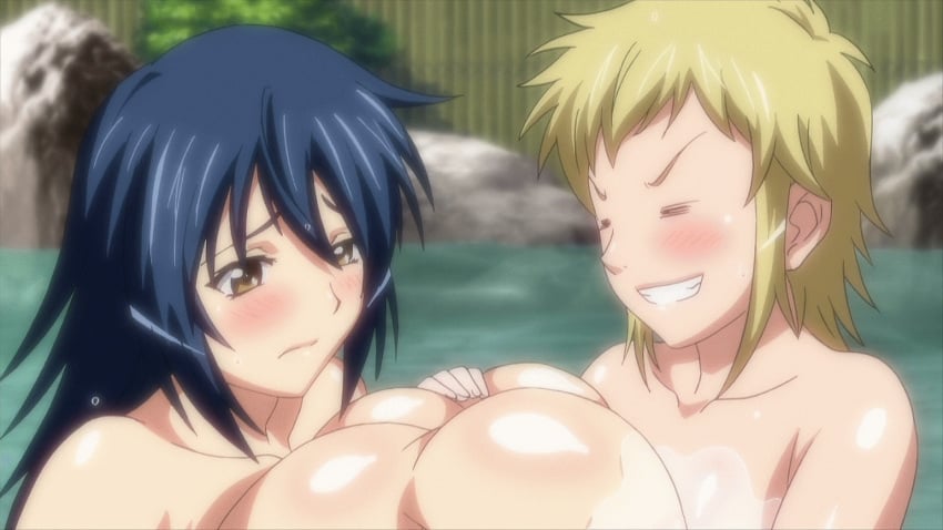 2girls animated asymmetrical_docking bath black_hair blonde_hair blush bouncing_breasts breast_hold breast_press breast_squeeze breasts brown_eyes closed_eyes grin highres hoods_entertainment huge_breasts kaede_(manyuu_hikenchou) kaneko_hiraku long_hair lotion manyuu_chifusa manyuu_hikenchou multiple_girls nude open_mouth screencap short_hair small_breasts smile sweat takagi_jun wet yuri