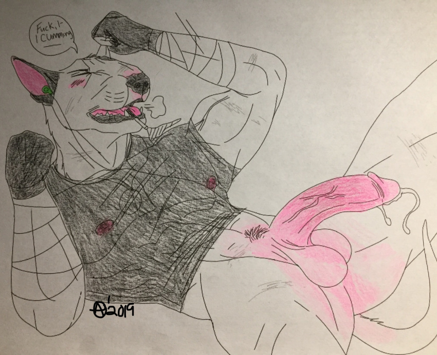 anarchist anthro balls bottomless bull_terrier canid canine canis clothed clothing cum domestic_dog ejaculation excited half-shirt happy hi_res horny_(disambiguation) humanoid_penis hunting_dog jenklinbullterrier_(artist) male male_only mammal penis pink_balls solo terrier traditional_media_(artwork)