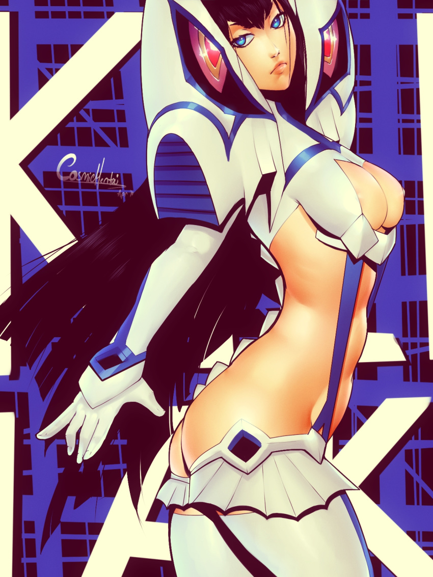 1girls artist_name black_hair blue_eyes clothing cosmichentai curvy female female_only hair junketsu kill_la_kill kiryuuin_satsuki long_hair nipple_peek sideboob solo watermark