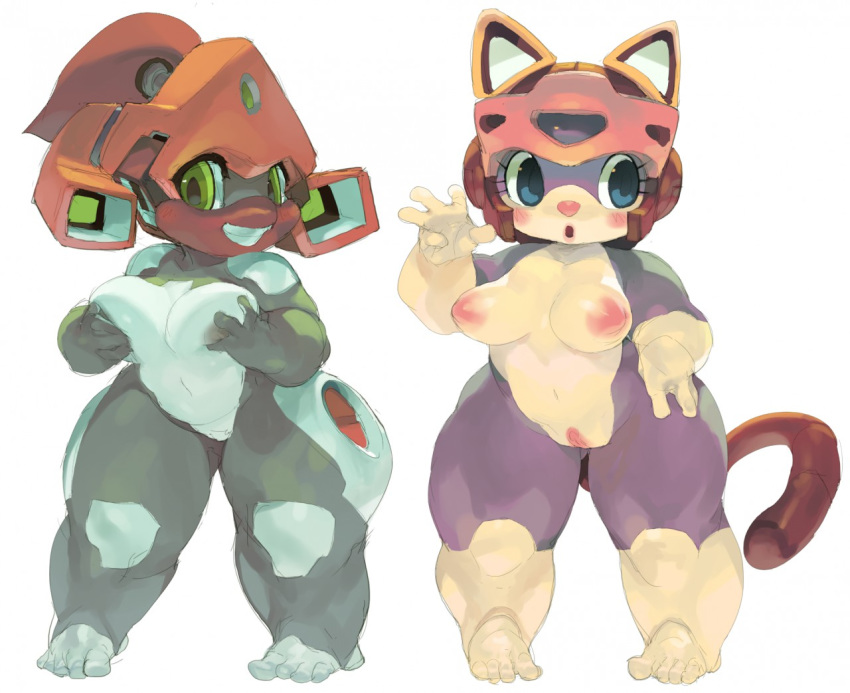 2014 2girls anthro blue_eyes blush breasts domestic_cat felid feline felis female fur furry green_eyes helmet kemono koki mammal monochrome nipples nude original_character pink_fur polly_esther pussy samurai_pizza_cats tail