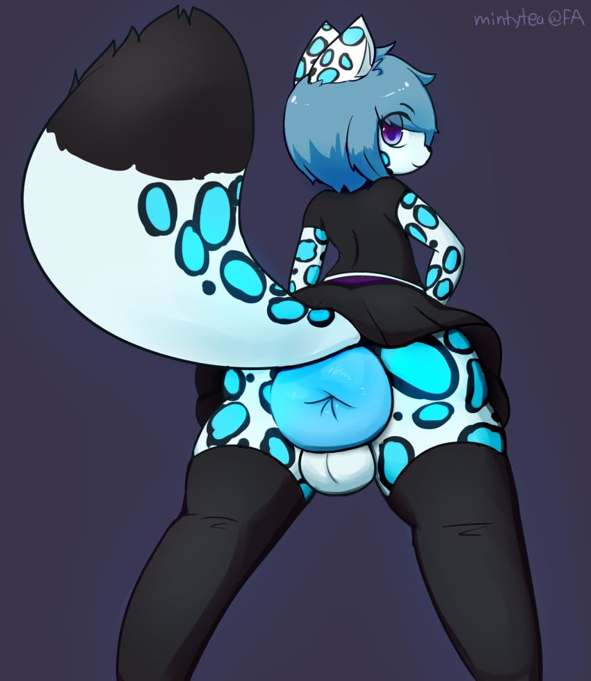 anus ass balls bloo_(foolish) clothed clothing crossdressing felid fur girly hair hi_res hyper legwear looking_at_viewer male mammal mintytea pantherine puffy_anus shirt skirt smile snow_leopard solo spots stockings