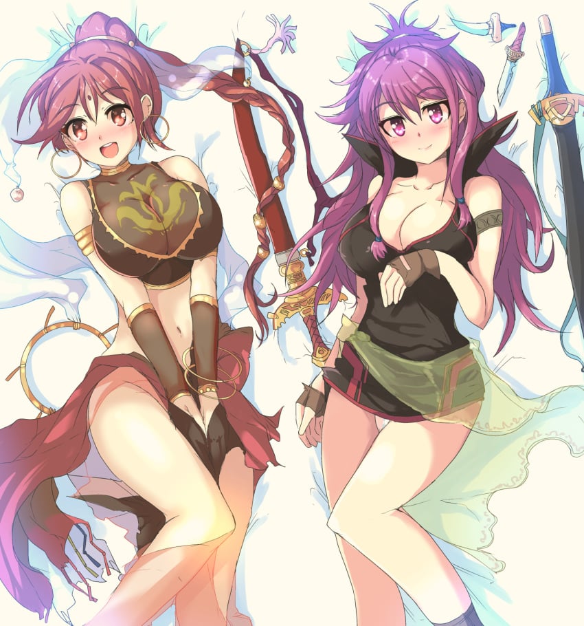 2girls :d armlet bare_shoulders bed_sheet blush braid breasts cleavage covering covering_crotch dagger dress earrings echizen_(hvcv) female fingerless_gloves fire_emblem fire_emblem:_the_sacred_stones gloves groin harem_outfit high_resolution huge_breasts jewelry large_breasts long_hair long_ponytail marisa_(fire_emblem) midriff multiple_girls navel no_panties nopan open_mouth ponytail purple_eyes purple_hair red_eyes red_hair short_dress smile sword tethys_(fire_emblem) tied_hair weapon wrist_cuffs