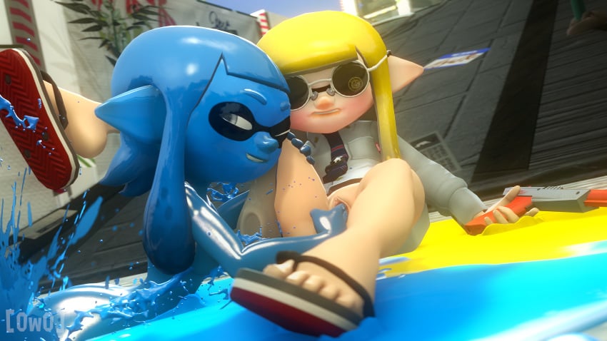 16:9 3d 4k 5_toes absurdres anthro bottomless cephalopod cephalopod_humanoid clitoris duo eyewear feet female female/female fingering footwear glasses goo_creature gun highres humanoid humanoid_feet inkling inkling_girl looking_at_viewer mask_(marking) nintendo nude one_eye_closed owo_sfm pointy_ears pussy sandals shirt splatoon squid tentacle tentacle_hair toes vaginal_penetration weapon wink yuri