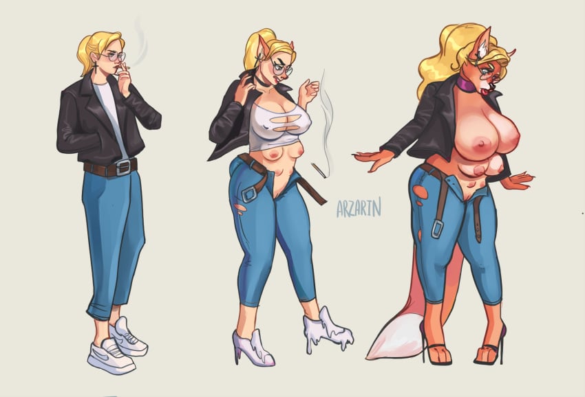 2019 6_breasts annoyed anthro arzarin big_breasts bimbo bimbofication blonde_hair breast_expansion breasts butt_expansion canid canine choker clothing eyewear female footwear fox glasses hair hi_res high_heels huge_breasts human human_to_anthro jacket jeans long_hair mammal multi_breast nipples open_toe_shoes pants ponytail pussy sequence shirt shoes simple_background smoking solo standing surprise tail_growth torn_clothing transformation