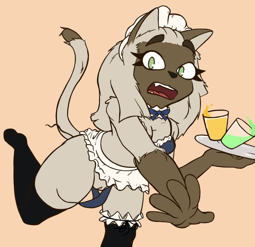 2019 5_fingers anthro breasts brown_fur cleavage clothed clothing clumsy domestic_cat fangs felid feline felis female four-pundo fur green_eyes grey_fur hi_res holding_object legwear looking_at_viewer mammal miniskirt pussy siamese simple_background skimpy skirt solo thigh_highs undressing waiter wardrobe_malfunction