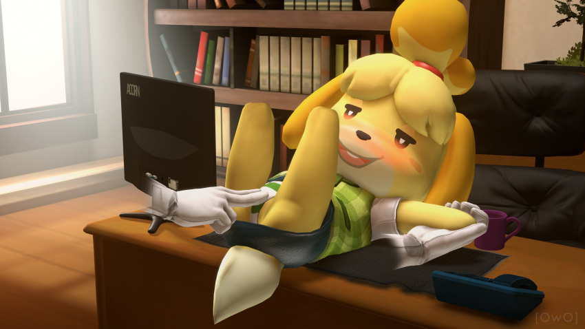 16:9 1girls 3d 4k absurd_res ambiguous_gender animal_crossing anthro ass bedroom_eyes blush canid canine canis chair clothed clothing crotch_rub desk disembodied_hand domestic_dog duo female female/ambiguous fur half-closed_eyes hi_res isabelle_(animal_crossing) lying mammal monitor nintendo on_back open_mouth owo_sfm panties seductive shirt skirt smile solo_focus underwear video_games yellow_fur