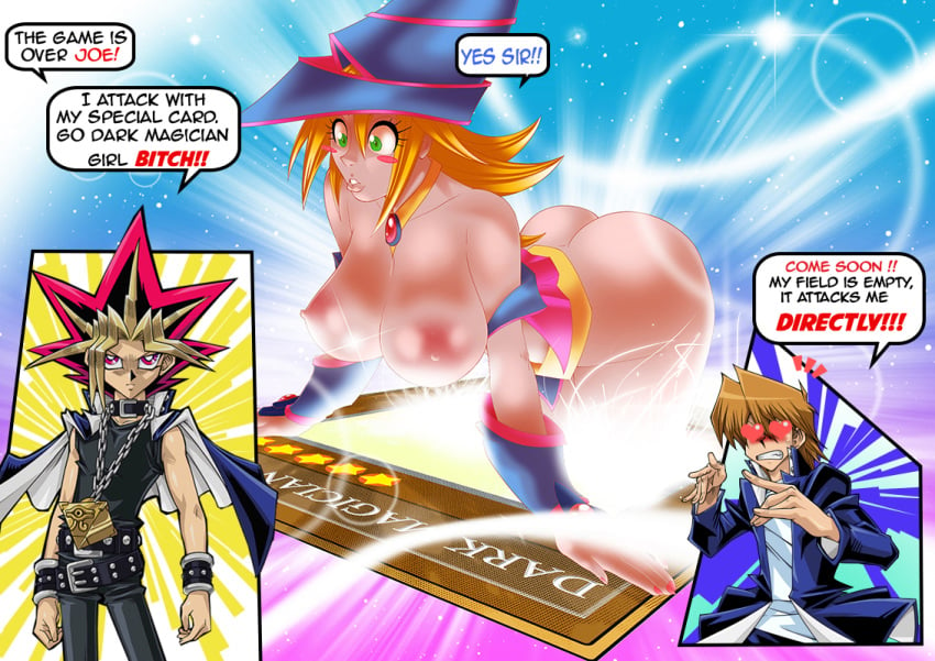 1girls bent_over black_magician_girl blonde_hair breasts busty butt butt_crack dark_magician_girl green_eyes heart-shaped_pupils huge_ass joey_wheeler jounouchi_katsuya mutou_yuugi sexfire yami_yugi yu-gi-oh! yu-gi-oh!_duel_monsters