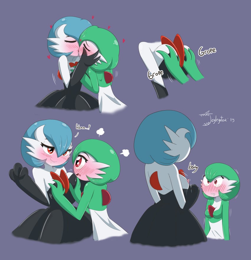 2girls alternate_color anthro black_dress breasts clothed dress female female_only gardevoir gloves groping hands_on_breasts jeglegator kiss kissing mega_evolution mega_gardevoir multiple_girls original_character pokémon_(species) pokemon pokemon_(species) pokemon_rse pokemon_xy red_eyes selfcest white_dress