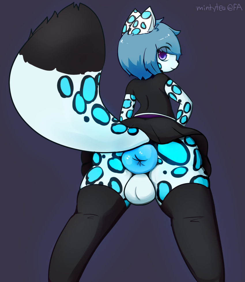 anthro anus ass balls bloo_(foolish) clothed clothing crossdressing felid fur girly hair hi_res legwear looking_at_viewer male mammal mintytea pantherine puffy_anus shirt skirt smile snow_leopard solo spots stockings