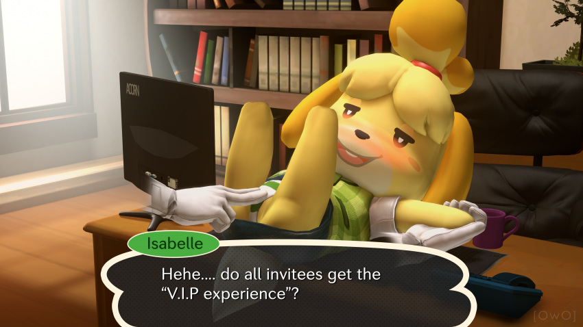 16:9 1girls 3d 4k absurd_res ambiguous_gender animal_crossing anthro ass bedroom_eyes blush canid canine canis chair clothed clothing crotch_rub desk dialogue disembodied_hand domestic_dog duo english_text female female/ambiguous fur half-closed_eyes hi_res isabelle_(animal_crossing) lying mammal monitor nintendo on_back open_mouth owo_sfm panties seductive shirt skirt smile solo_focus text underwear video_games yellow_fur