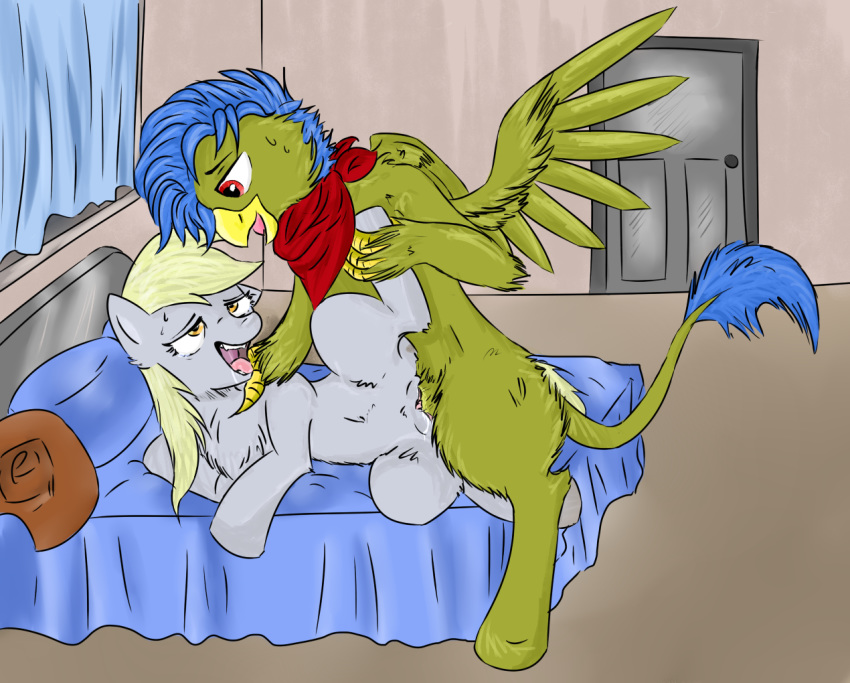 bedroom blonde_hair blue_hair cowboy_hat derpy_hooves female friendship_is_magic green_storm(oc) griffin gryphon hat male my_little_pony oc open_mouth original_character pony red_eyes sex spread_legs vaginal_penetration wings yellow_eyes