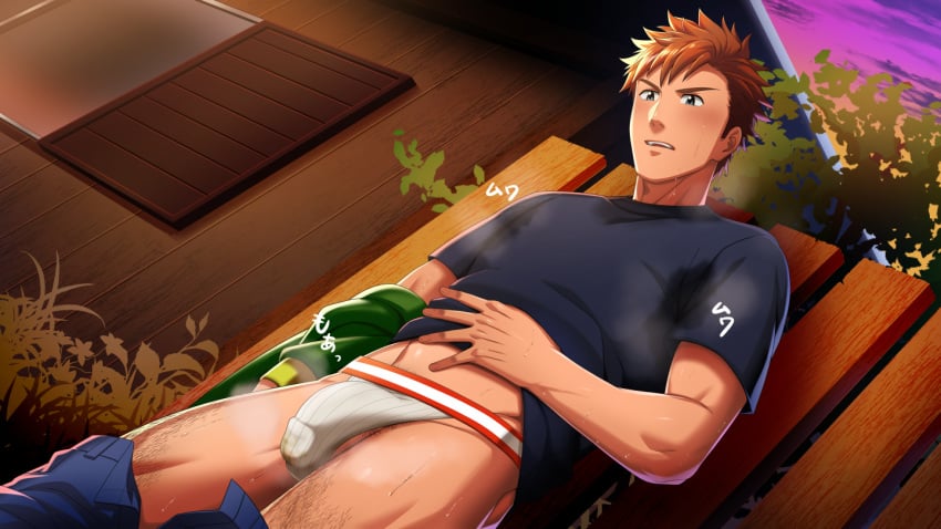 1boy alex_mullner blush body_hair brown_hair bulge crotch hihumi jockstrap male_focus male_only outdoors shirt_lift solo solo_male stardew_valley steam sweat underwear undressing