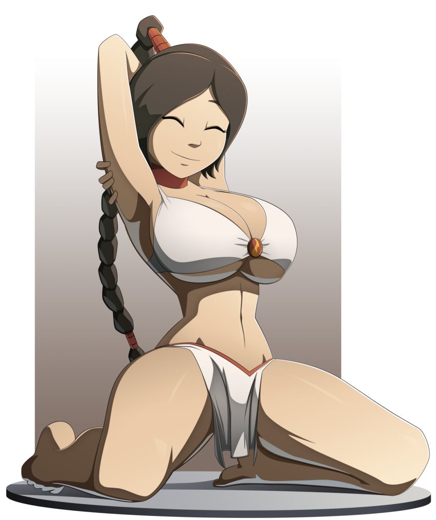 1girls alternate_breast_size armpit arms_behind_head avatar_the_last_airbender barefoot big_breasts bikini braid breasts brown_hair cleavage eyes_closed female female_only happy hourglass_figure huge_breasts kneeling large_breasts long_hair midriff pink_choker pinup ravenravenraven smile solo stretching swimsuit thick_thighs thin_waist ty_lee underboob white_swimsuit